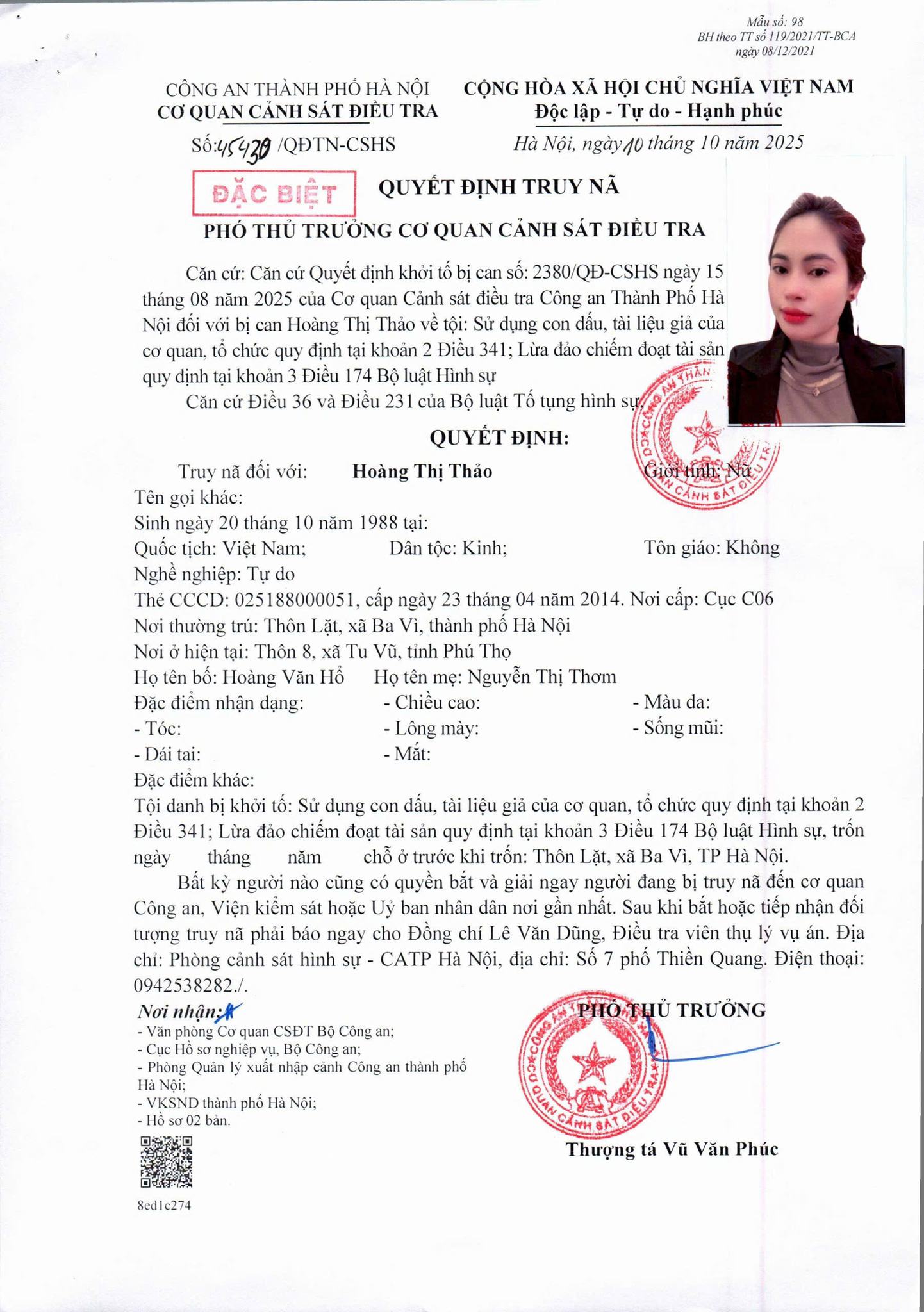 Quyết định truy nã đặc biệt đối tượng Hoàng Thị Thảo